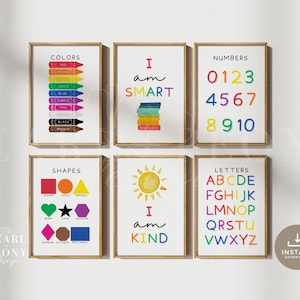 PRINTABLE Set of 6 Preschool Classroom Posters, Homeschool Printables,  Educational Wall Art, Kids Affirmations, Playroom Posters, Download