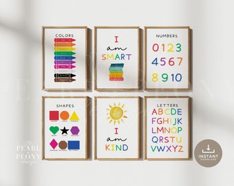 PRINTABLE Set of 6 Preschool Classroom Posters, Homeschool Printables,  Educational Wall Art, Kids Affirmations, Playroom Posters, Download
