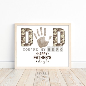 Stampabile: impronta della mano per la festa del papà, regalo militare "Sei il mio eroe", biglietto ricordo per la festa del papà, regalo fai da te per bambini, formato USA e A4.