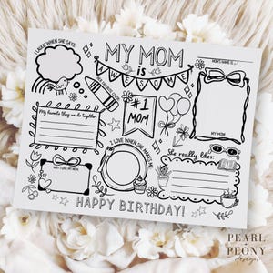 AFDRUKBARE Happy Birthday Alles over moeder Vul lege vragenlijst voor kinderen in, aandenken cadeaubon, kleuterschool, pdf US Letter & A4