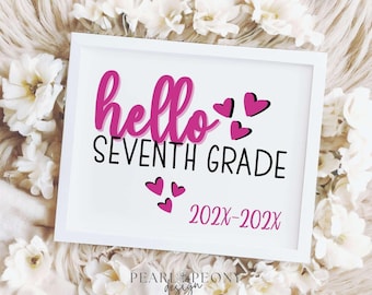 PRINTABLE Pink Preppy First Day of Seventh Grade Sign, Hello Seventh Grade, Back to School Photo Prop, iPad Tablet Digital Sign, PDF & JPG