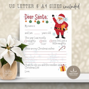 DRUCKBARE Brief an den Weihnachtsmann, Kinderwunschliste, Weihnachtsgeschenkliste, Weihnachtsaktivität für Kinder, Lieber Santa Letter, US Letter & A4