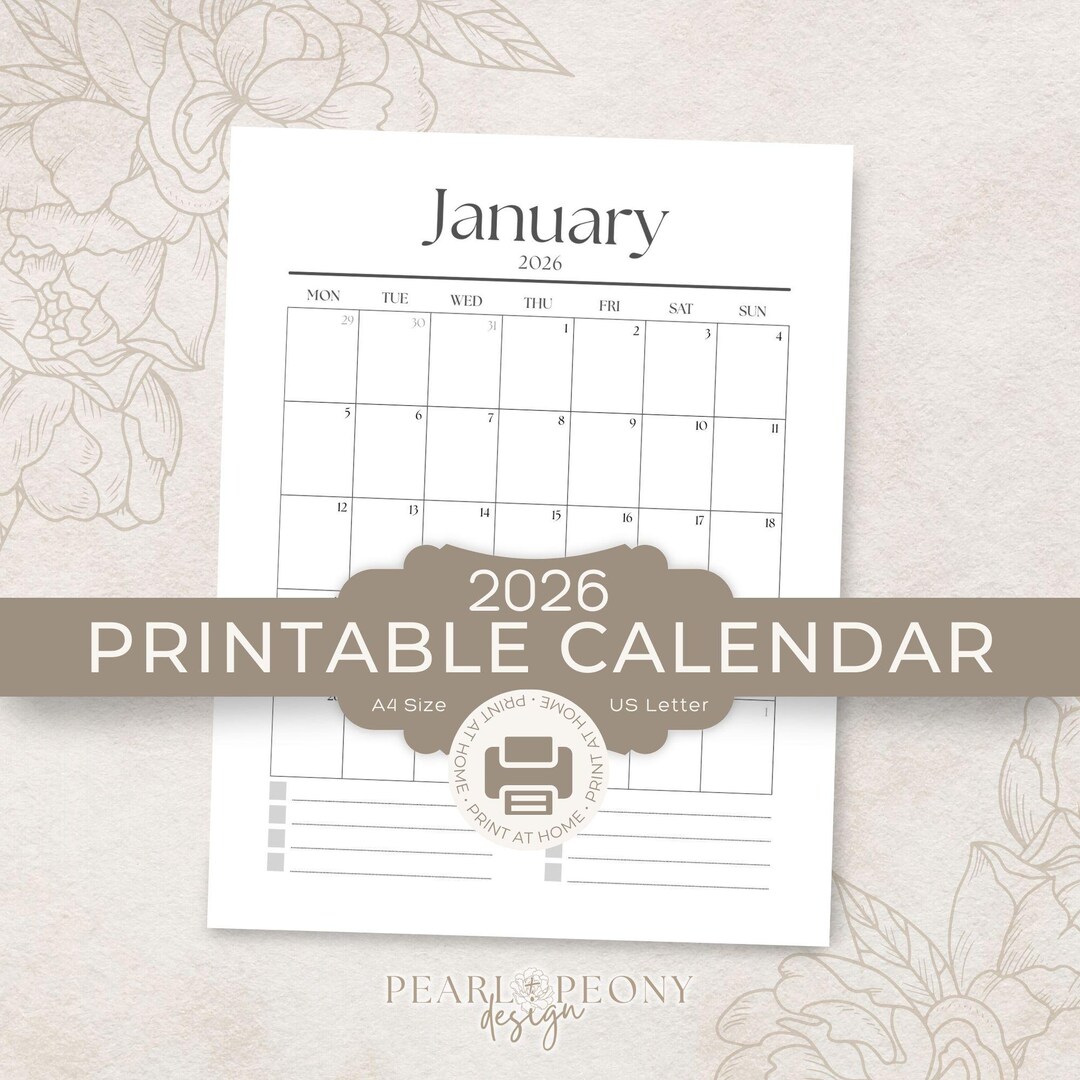 PRINTABLE 2026 Simple Monthly Calendar Gray, Home Office, Landscape ...