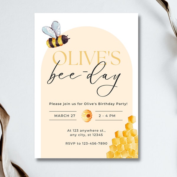 BEE DAY birthday party invitation, bee birthday invite, gender neutral birthday party invitation, yellow birthday party,