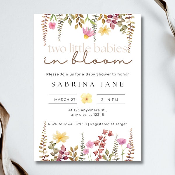 TWIN babies in bloom baby shower invite, baby in bloom, girl baby shower invitation, flower baby shower, digital download