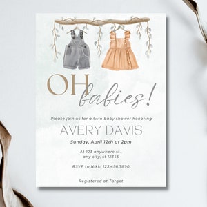 OH BABIES! twin baby shower invitation, twins baby shower invite, gender neutral baby shower, clothes line baby shower invite, print at home