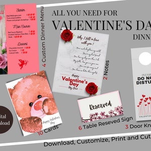 May include: Printable Valentine's Day dinner party decorations, including a menu, table reserved sign, door knob sign, and cards. The decorations feature red hearts, roses, and a teddy bear.