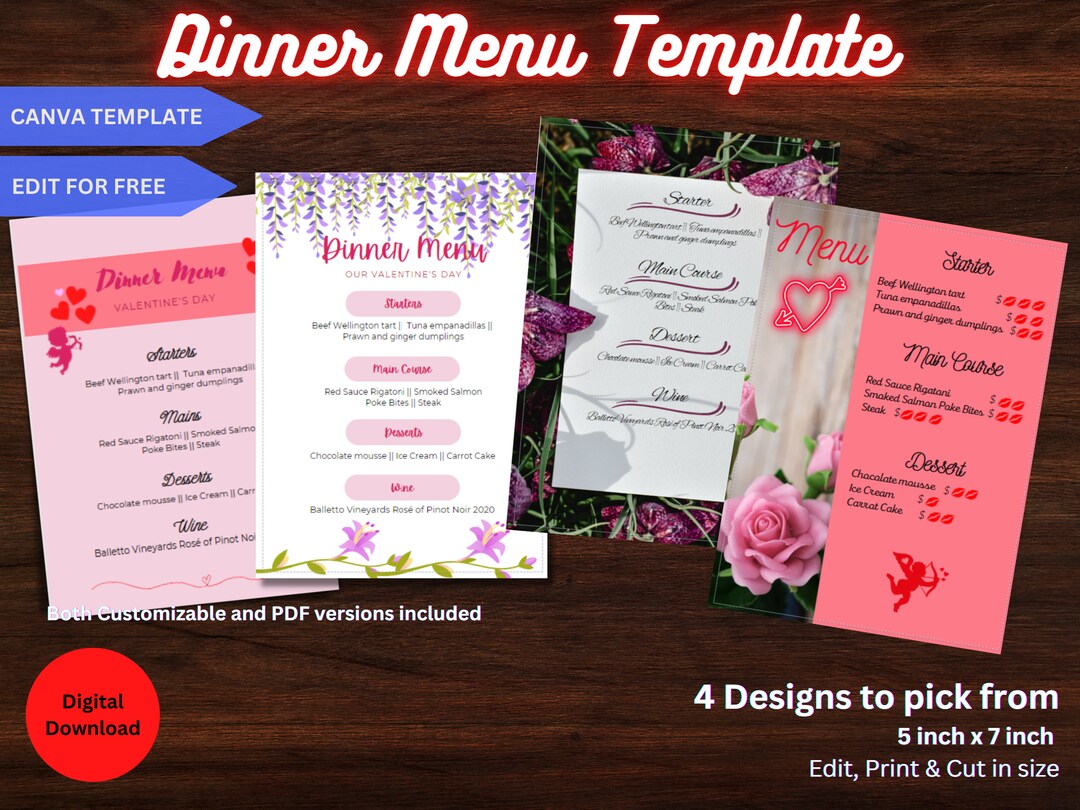 Printable &amp; Editable Valentine's Day Dinner Menu, Instant Download as ...