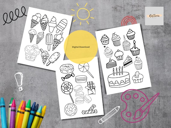 Kids Coloring Page || Cupcakes || Cakes || Ice-cream || Donuts || Chocolates || Candy || Digital Printable