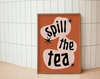 Derrame el arte de la pared de la cocina del té, decoración de la cocina retro, cartel de la cafetería, decoración del apartamento, impresión del comedor, arte de la pared imprimible, digital