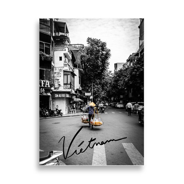 Vietnam Hanoi, Frau mit Korb, Wandkunst, Urbanes Reiseposter, Wanddeko, Fotographie, Posterdruck,