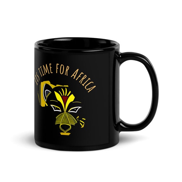 Afrika Becher, Afrika Kontinent Tasse mit "Its time for Africa" Aufschrift, afrikanischen Masken Muster,  Black Glossy Mug, 11oz/300ml