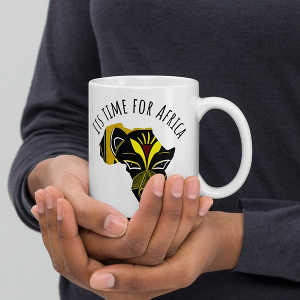 Afrika Becher, Afrika Kontinent Tasse mit "Its time for Africa" Aufschrift, afrikanischen Masken Muster,  white glossy mug, 11oz/300ml