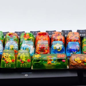 May include: A set of 18 colourful keycaps featuring various cartoon characters and designs. The keycaps are made of resin and have a glossy finish. The keycaps are arranged in rows on a black keyboard. The keycaps have numbers and letters printed on them, including "F4", "F10", and "F11".
