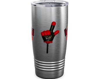 May include: A stainless steel tumbler with a red and black hand making a peace sign. The tumbler has a brushed metal finish and a black lid.