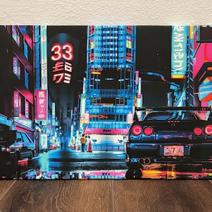 R33 R34 GTR Inspired JDM Car 11x17 Canvas Print, Akihabara Sythnwave Japan – AI Generated Art