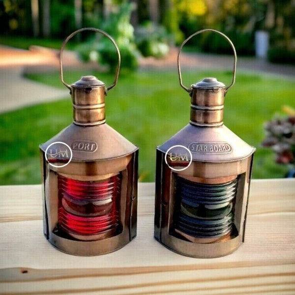 Nautical Metal Lanterns Set: Port & Starboard Oil Lamps, Copper Antique Finish