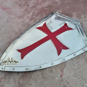 Medieval Armor Knight Red Cross Shield | Battle Warrior Templar Heater Shield | 18g Steel Functional Shield | Replica Product For Best Gift