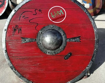 Handmade Red Viking Shield: Medieval Wall Decor (24-Inch)