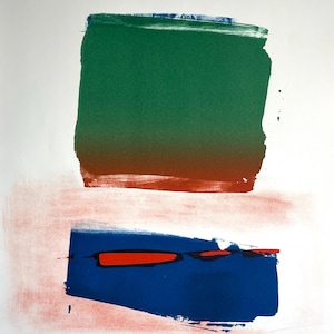 May include: Abstract art print featuring a large green and orange rectangle above a blue rectangle with red accents. The artwork is on a white background, with visible brushstrokes and a minimalist aesthetic.