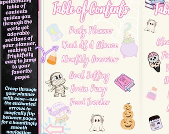 May include: A pink and white planner with a table of contents featuring Halloween-themed illustrations. The left page lists sections like "Daily Planner", "Week at a Glance", and "Goal Setting". The right page lists sections like "All Out", "Cleaning Checklist", and "Financial Goals".