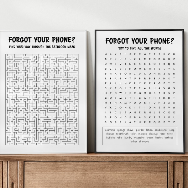 Forgot Your Phone Bathroom Puzzles | Forgot Your Phone Word Search | Forgot Your Phone Maze | Bathroom Printable Set | Guest Bathroom Decor