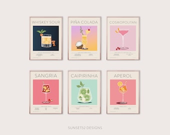 Set of 6 Classic Cocktails | Whiskey Sour | Pina Colada | Cosmopolitan | Sangria | Caipirinha | Aperol | Retro Wall Art | Digital Download