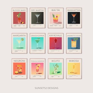 Set von 12 Cocktail Drucke | Minimalistische Alkohol Drucke | Barwagen Dekor | Retro Cocktail Druck | Klassische Cocktail Wand Kunst | Digitaler Download