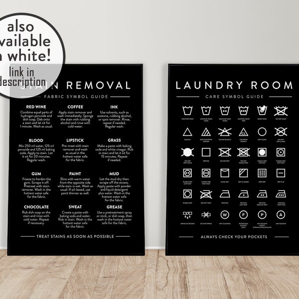 Black Laundry Room Printable Set of 2 | Stain Removal Guide | Label Care Guide | Laundry Room Signs | Laundry Room Decor | Digital Download