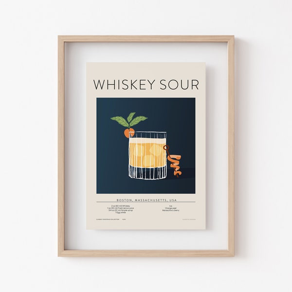 Whiskey Sour Art Print | Bar Cart Decor | Retro Cocktail Wall Art | Signature Drink Gift | Alcohol Sign Bar | Digital Download