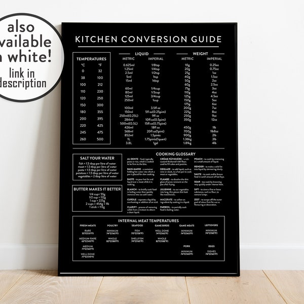 Kitchen Conversion Guide | Black Kitchen Prints | Measurement Chart | Kitchen Print | Oven Temperature Guide | Weight Measures Guide