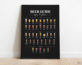 Cartel de tipos de cerveza y vasos / Tipos de impresión de cerveza / Cartel de barra negra / Decoración de la cueva del hombre / Cartel de gráfico de cerveza / Regalo amante de la cerveza / Bar en casa