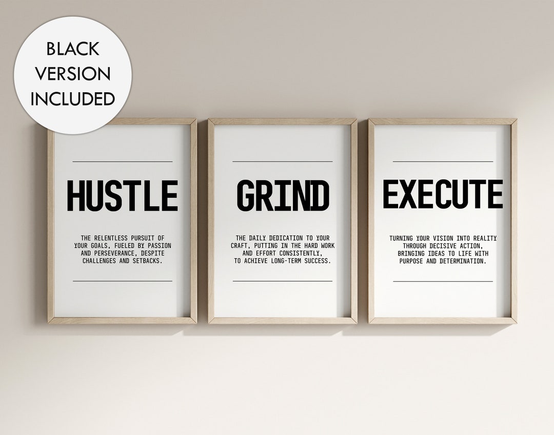 Stampe Motivazionali Da Parete - Set Di 3 Tele Con Citazioni 'Grind', 'Hustle', Per Ufficio E Casa, 30x40 Cm