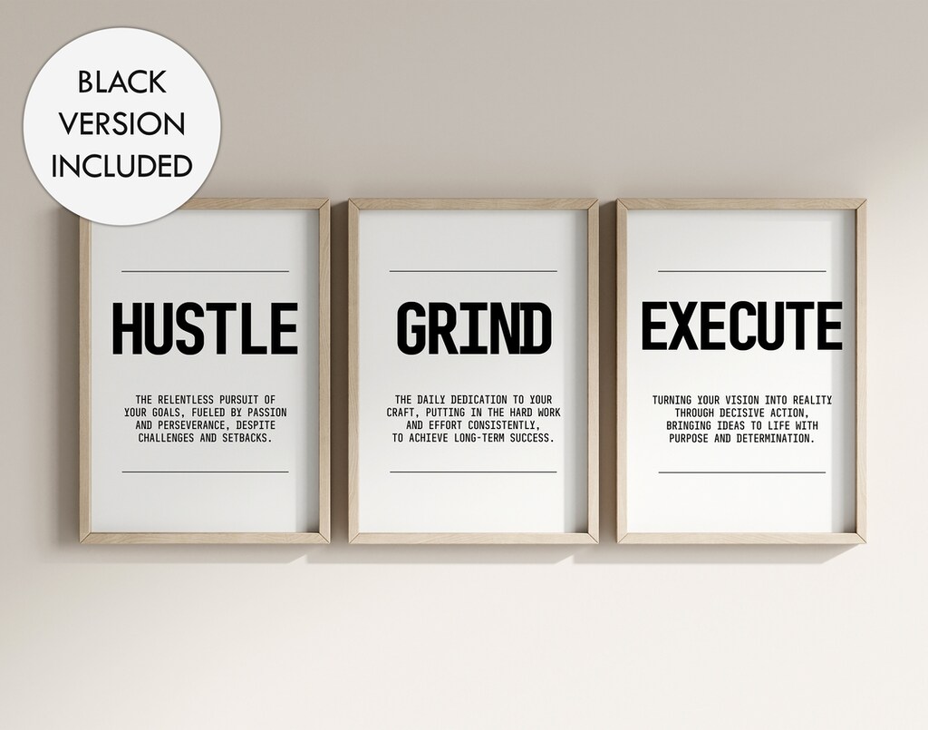 Stampe Motivazionali Da Parete - Set Di 3 Tele Con Citazioni 'Grind', 'Hustle', Per Ufficio E Casa, 30x40 Cm