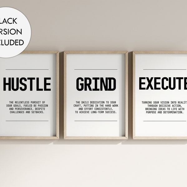 Hustle Grind execute Poster | 3er Set Poster | Motivierende Bürodekoration | Unternehmer Wand Kunst | Haus Büro Dekor | Minimalistische Wandkunst