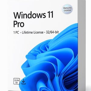 May include: A white software box for Windows 11 Pro featuring a blue abstract wave graphic. Text includes Windows 11 Pro, 1 PC, Lifetime License, 32/64-bit, and a circular badge stating Genuine License with a download icon in the corner.