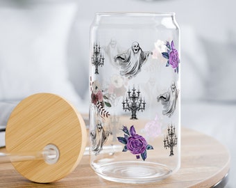 Diseños de sublimación de Halloween, vidrio gótico, vaso Sipper de 16 oz, taza de vidrio gótico, taza de café fantasma, diseños de vaso de vidrio, envoltura de vaso gótico