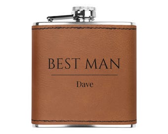 Petaca de cuero grabada a medida • Regalo personalizado para padrinos de boda