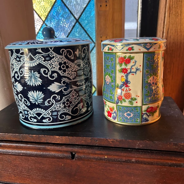 Vintage metal tins, made in England, decorated Long Island NY