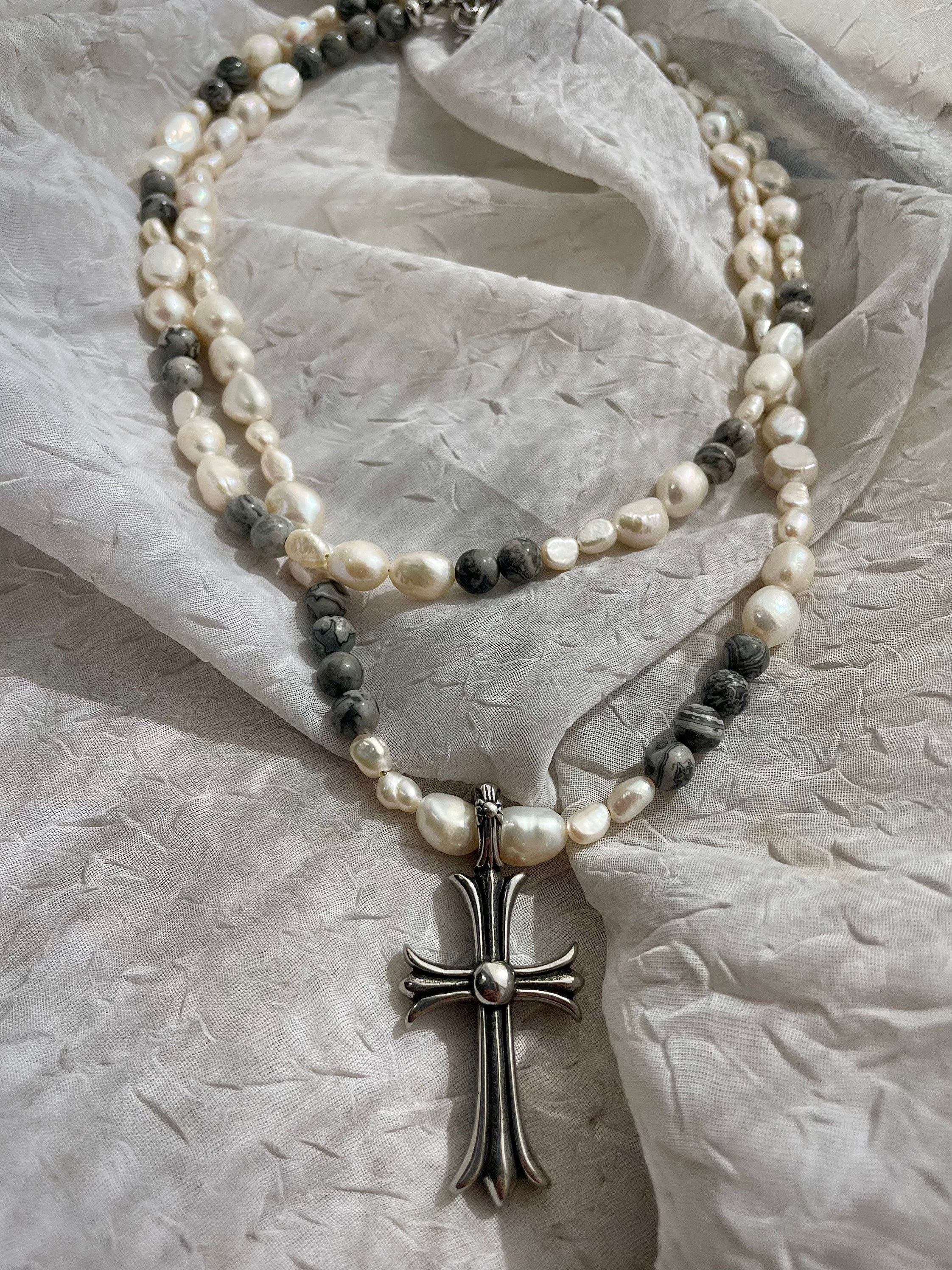 Chrome Hearted Necklace Set Fresh Water Pearl With Gray Beads