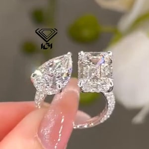 Emerald Pear Cut Lab Grown Diamond Toi et Moi Ring - 14K White Gold
