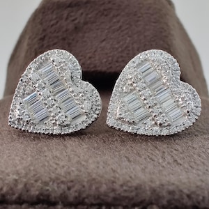 14K Gold Heart Lab Grown Diamond Baguette Stud Earrings