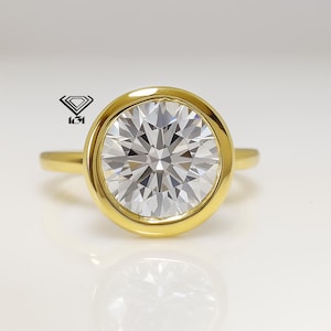 3 Carat Round Lab Diamond Ring: 10K Gold Bezel Set Engagement Ring