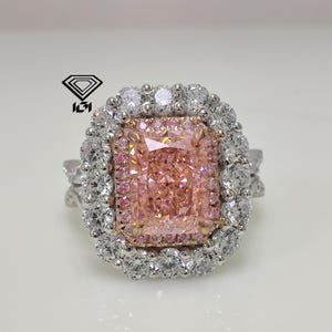 1.00 CT Radiant Cut Pink Lab Grown Diamond Ring, Fancy Pink Lab Created Diamond, Double Halo Pave Engagement Ring, Victorian Color Diamond