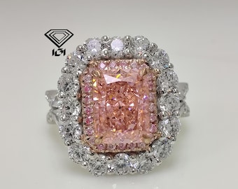 1.00 CT Radiant Cut Pink Lab Grown Diamond Ring, Fancy Pink Lab Created Diamond, Double Halo Pave Engagement Ring, Victorian Color Diamond