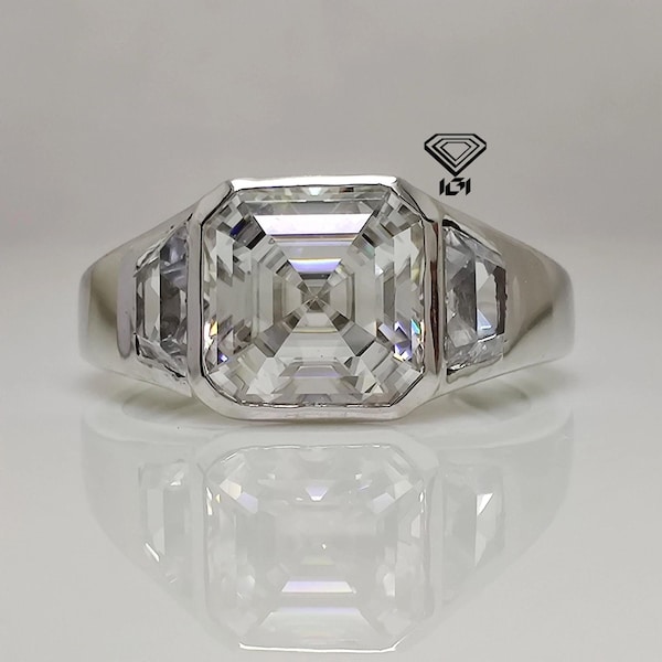 Asscher Cut Engagement Ring 3Ct Lab Grown Diamond Bezel Set 3 Stone Trilogy Anniversary