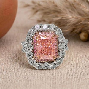 1.00 CT Radiant Cut Pink Lab Grown Diamond Ring, Victorian Fancy Color Double Halo