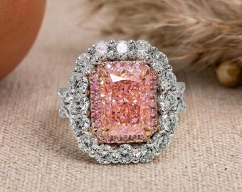 1.00 CT Radiant Cut Pink Lab Grown Diamond Ring, Victorian Fancy Color Double Halo