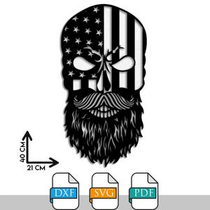 Archivo de corte láser de hombre calavera de bandera estadounidense, diseño SVG de calavera patriótica, plantilla DXF de esqueleto de bandera de EE. UU., patrón de corte láser de tema militar