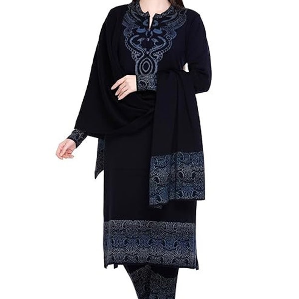 Women Winter Wear Woollen Kurta Plazzo & Stole -Embellished Yoke Design Pashmina Wool Straight Kurta - Kashmiri Kurta -Kurti Palazzo Set